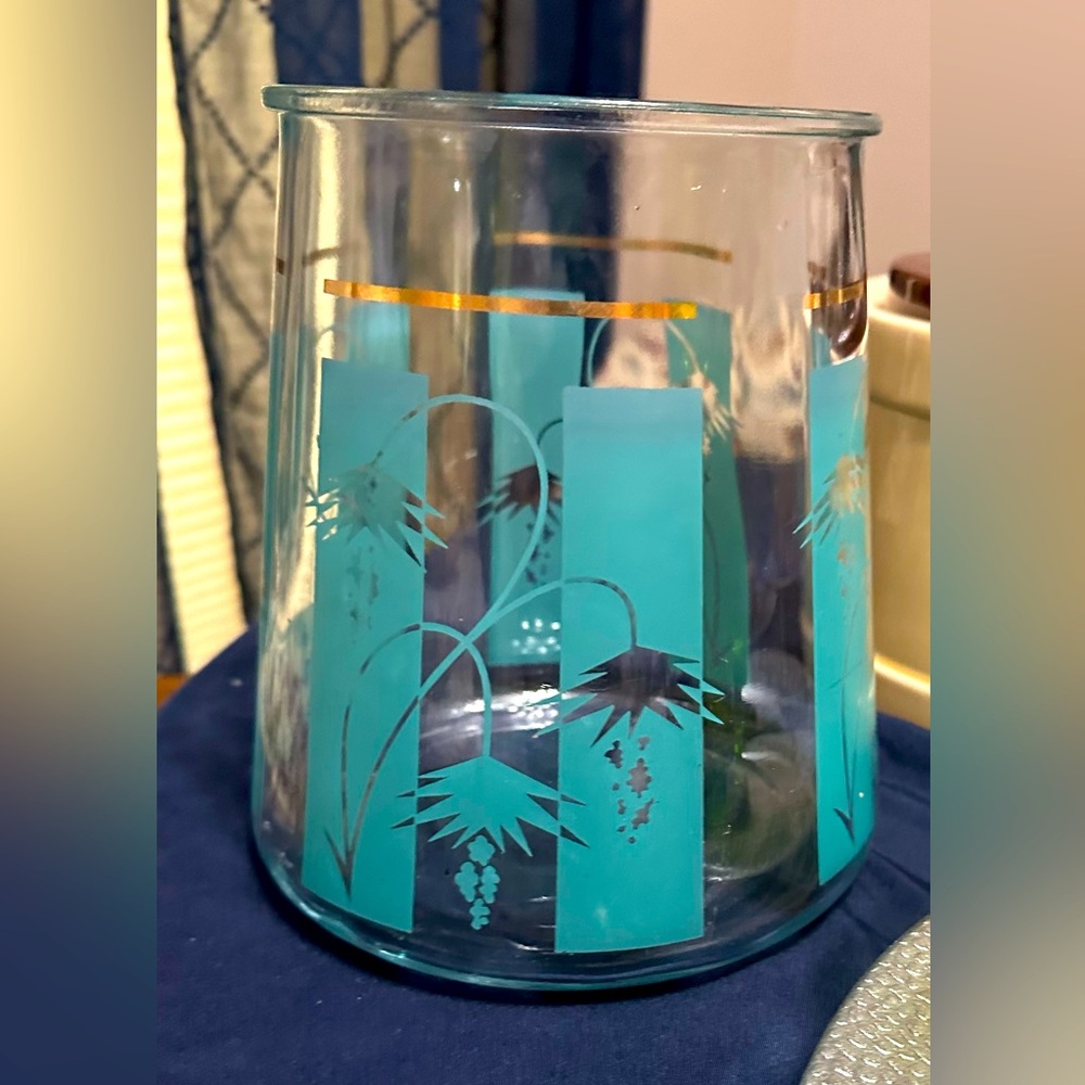 Rare Vintage Bartlett Collins Turquoise Tropic Gold Trim Glass Cookie Jar No Lid